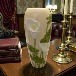 vintage Takahashi Pottery vase with a raised calla lily design.